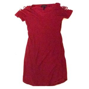 Red tight fitting mini shoulder cut out dress